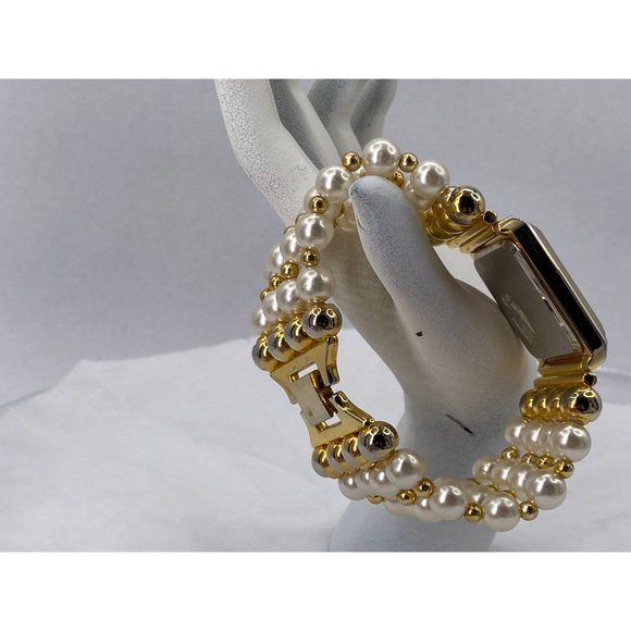 Lady's Watch Square Face White Black Roman Numerals 7 inch Bracelet Faux Pearls - Picture 3 of 3